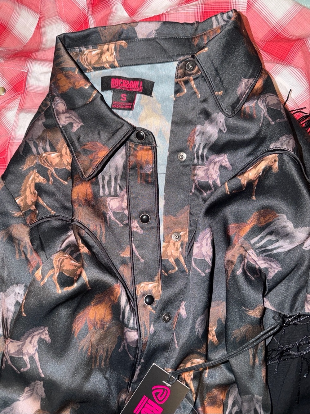 Rock & Roll Cowgirl Black Satin Horse Print Button-Down